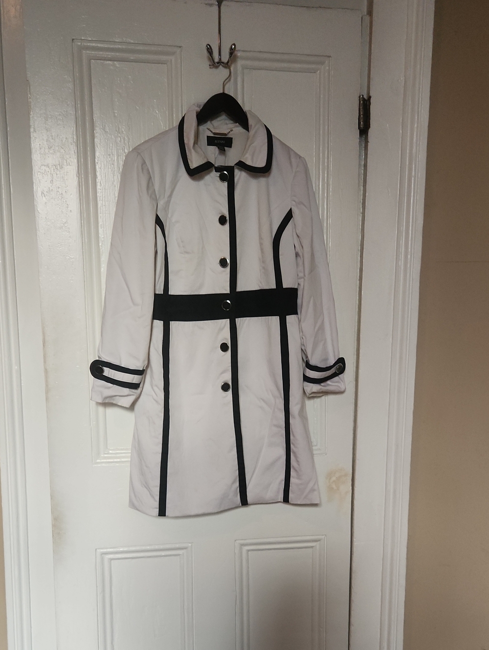 Alfani White Trench Coat Dress with Black Trim